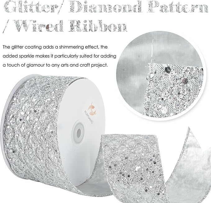 HUIHUANG Silver Glitter Wired Ribbon - Image 4