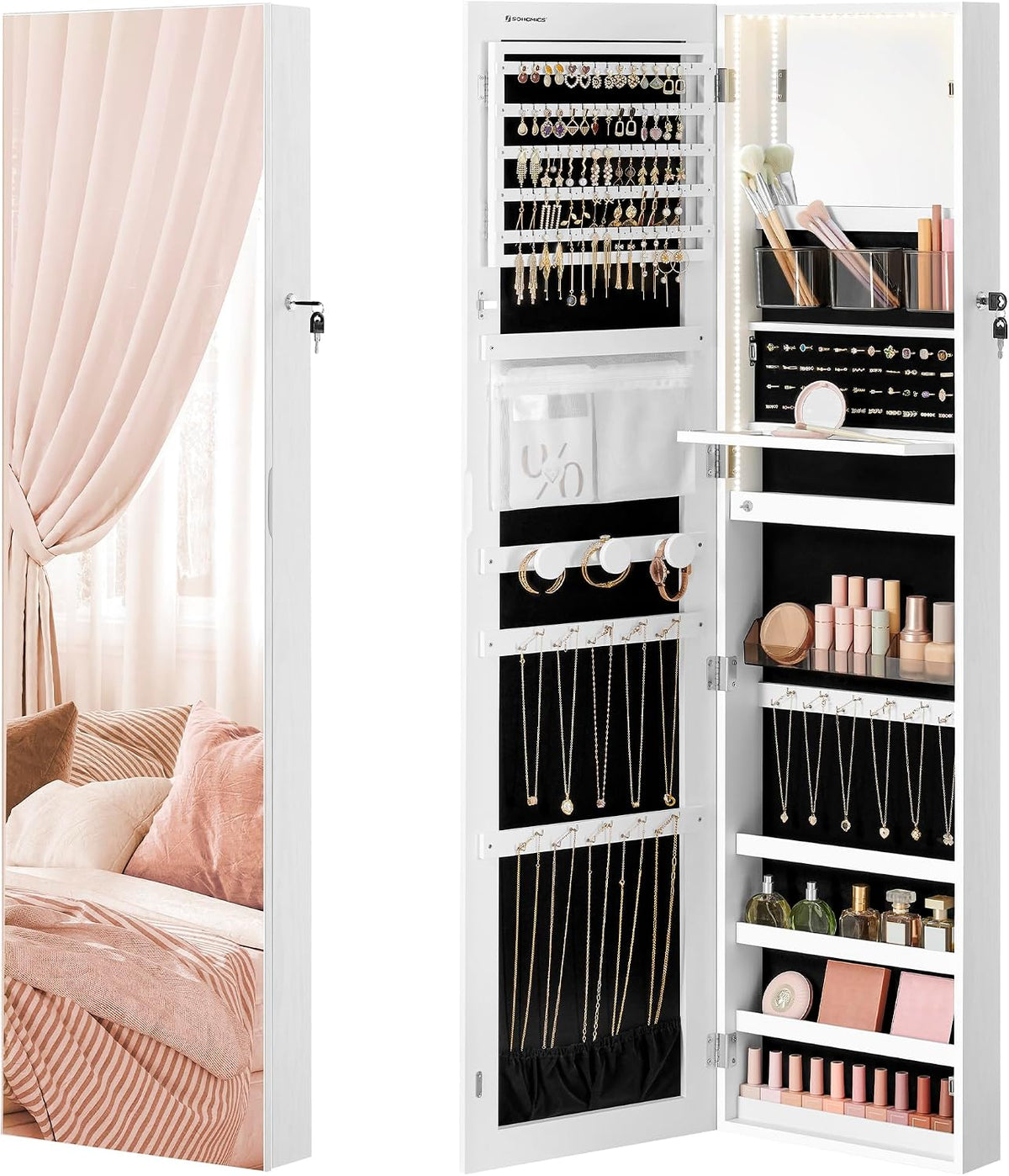 songmics jewelry cabinet armoire with mirror, wall or, main product view