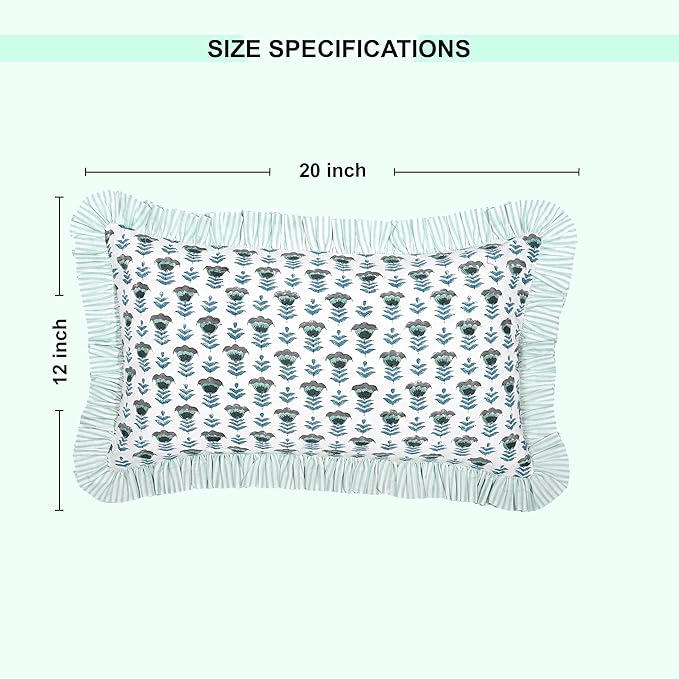 Ridhi Aquamarine Blue 100% Cotton Block Print Ruffle Lumbar Sham Cover Handmade - Image 8