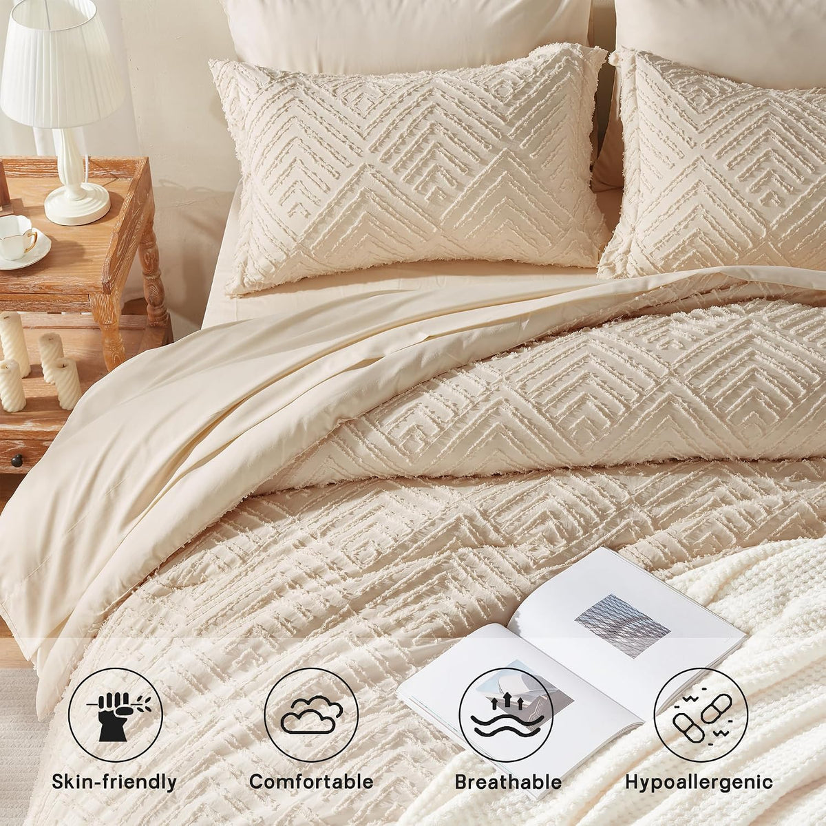 zzlpp full size comforter sets 7 piece,beige bed, close-up detail