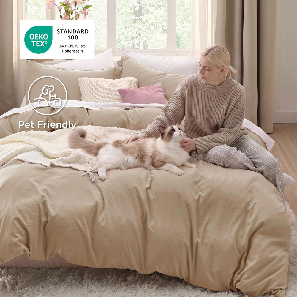 Bedsure Prewashed Duvet Cover King, Cotton-Like Bedding Set, Light Brown