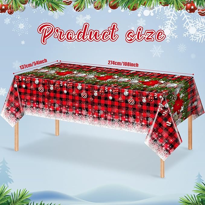3Pcs Christmas Buffalo Plaid Snowflake Tablecloths, Plastic Red and Black - Image 2