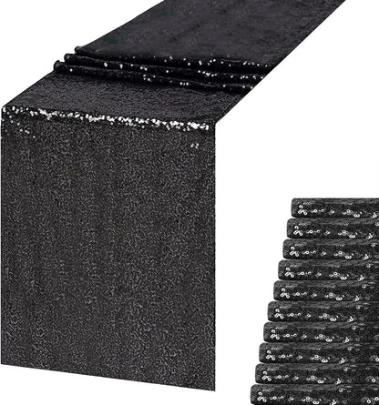 Sequin Table Runner, Black, 12x108 inch, 10 Pack for Halloween