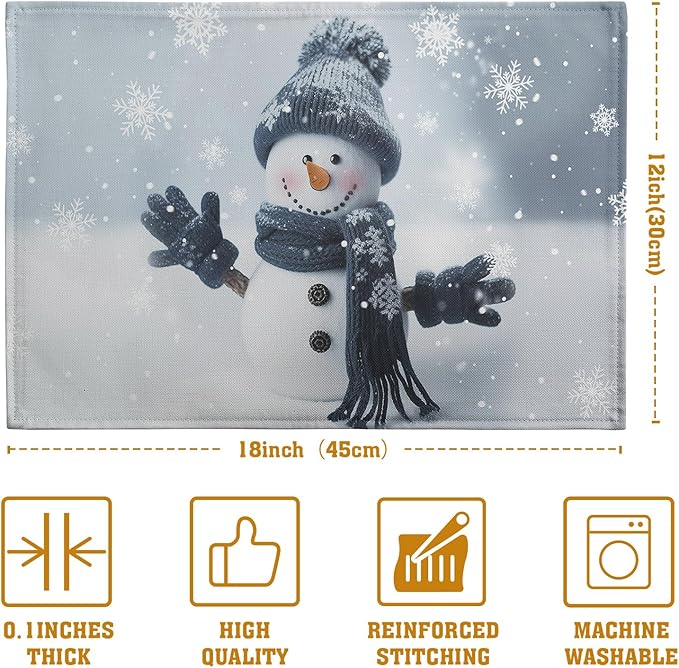 Snowman Placemats Set of 4, 12x18 Inch Winter Cute Blue Snowman Snowflake Table - Image 4