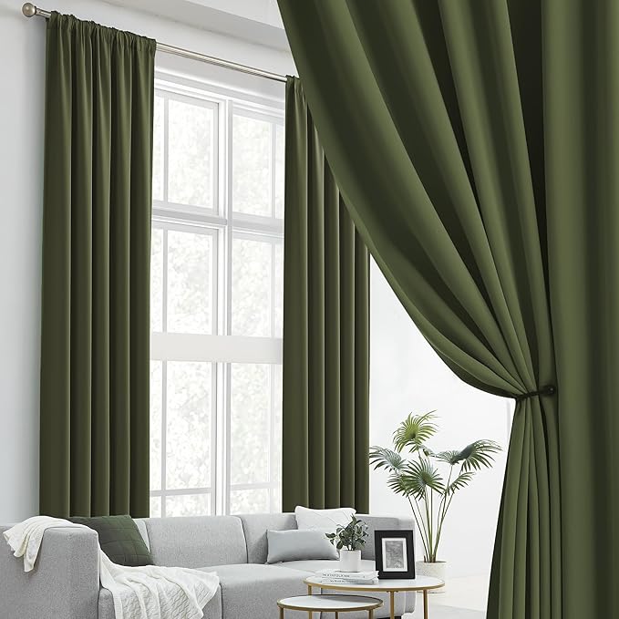 DUALIFE Olive Dark Green Curtains 96 Length 2 Panels, 52 by 96 Inches Long - Image 2
