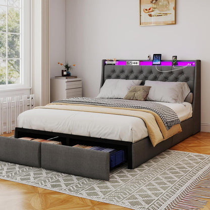 upholstered wingback full bed frame with 2 storage, close-up detail