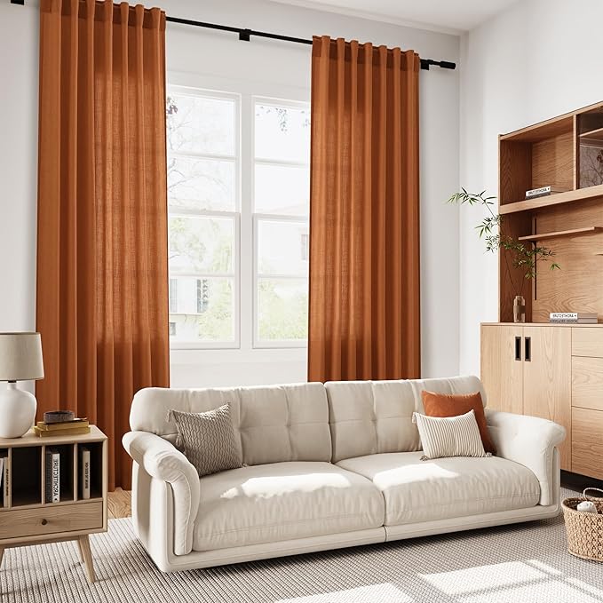 Desert Orange Semi Sheer Curtains 120 Inches Set Back Tab Loop Pocket Linen - Image 6