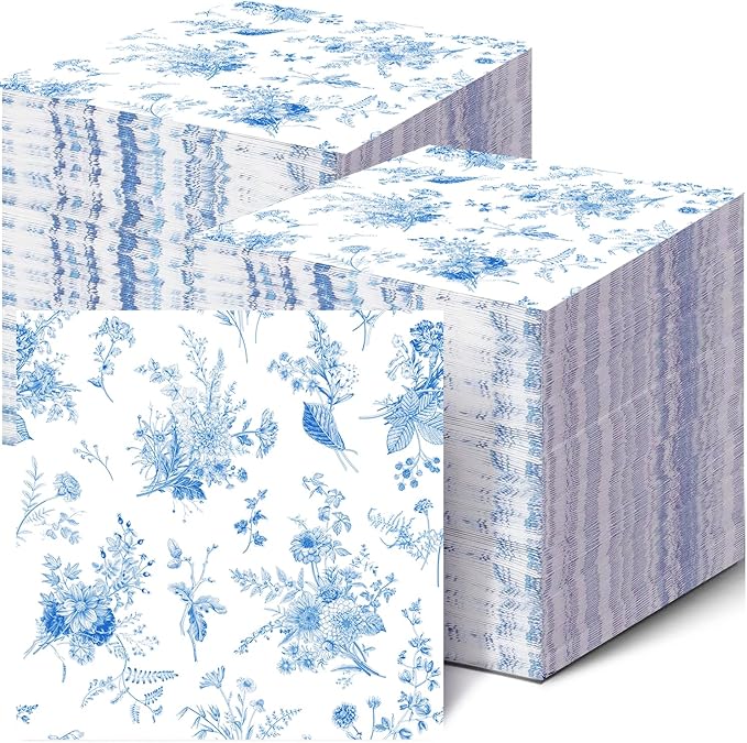 100 Pack Blue Floral Cocktail Napkins Blue and White Floral Toile Paper Napkins by HSPAIDYP