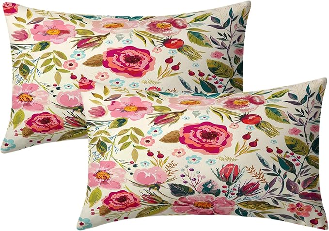 Spring Summer Flower Throw Pillow Covers 20x12 Inch Watercolor Peony Pillowcase by Granbey