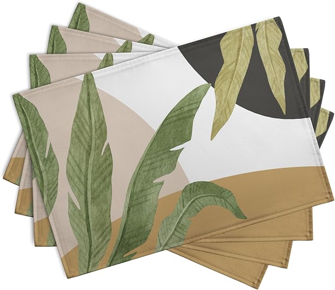 Tropical Palm Leaf Linen Placemats Set of 4 Summer Green Banana Leaves Themed - Image 2