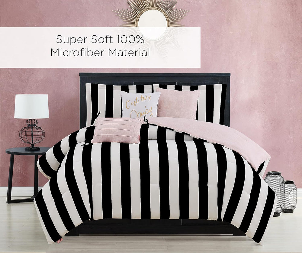 Juicy Couture Cabana Stripe Reversible Bedding Set - Queen Size - Black and W...
