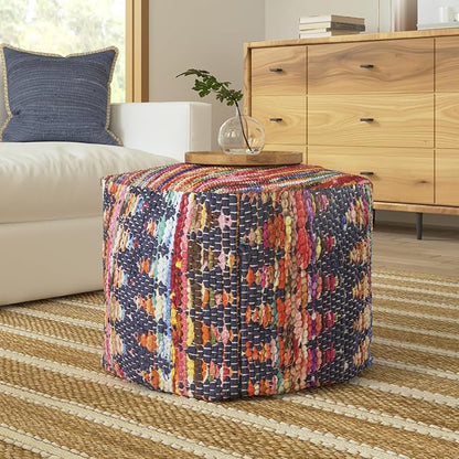 LR Home Denim Bordered Shabby Chic Hand-Loomed Cotton Jute Cube Pouf by L.+R.+Resources%2C+Inc.