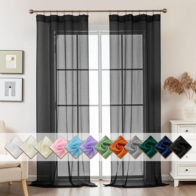 Black Sheer Curtains 96 Inches Long, Privacy Semi Sheer Curtains by ABLUEN