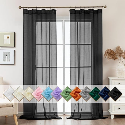 Black Sheer Curtains 96 Inches Long, Privacy Semi Sheer Curtains by ABLUEN