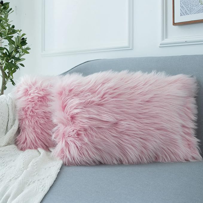 LIGICKY Set of 2 Decorative Pink Lumbar Fluffy Throw Pillow Cover Faux Fur by LIGICKY