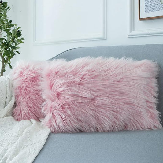 LIGICKY Set of 2 Decorative Pink Lumbar Fluffy Throw Pillow Cover Faux Fur by LIGICKY