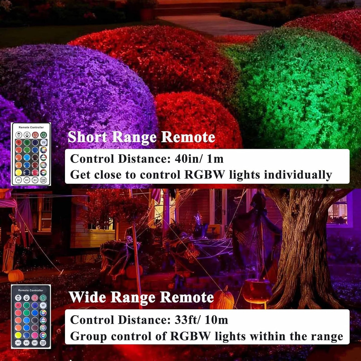 RGB Spot Lights with Timer, Halloween 10W 120V Color Changing Outdoor Metal Case Landscape SpotLights IP65 Waterproof Spotlight with Stake Stand for Yard Garden Lawn Patio, 4 Lights
