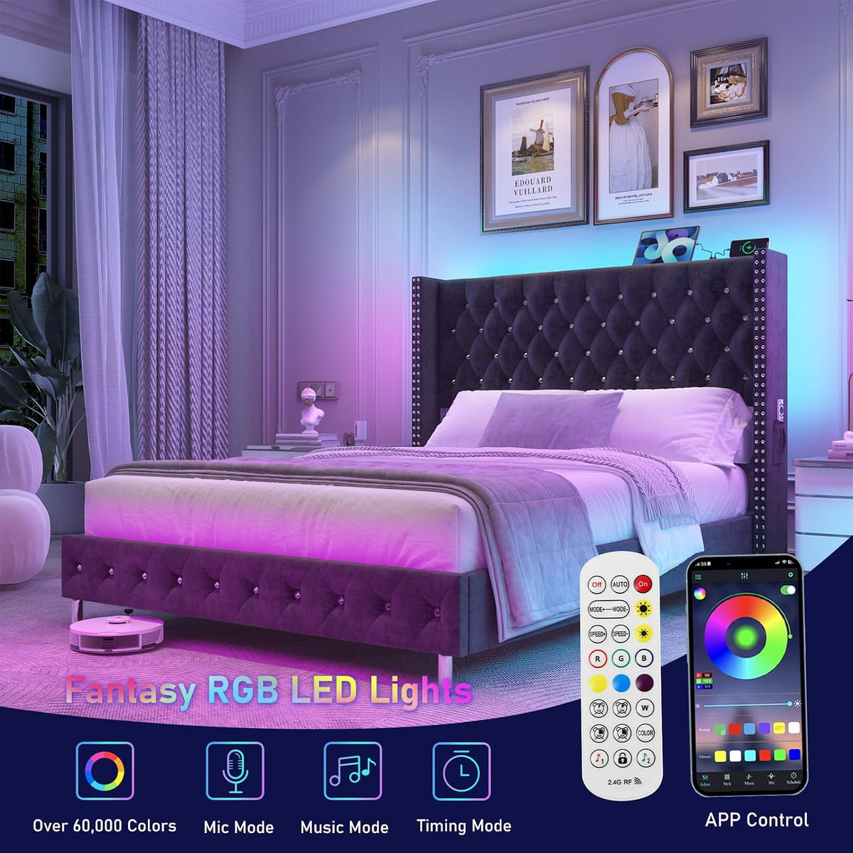 hlivelood queen led upholstered bed frame with wingback, close-up detail