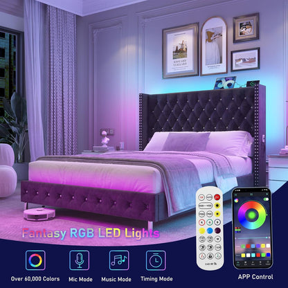 hlivelood queen led upholstered bed frame with wingback, close-up detail