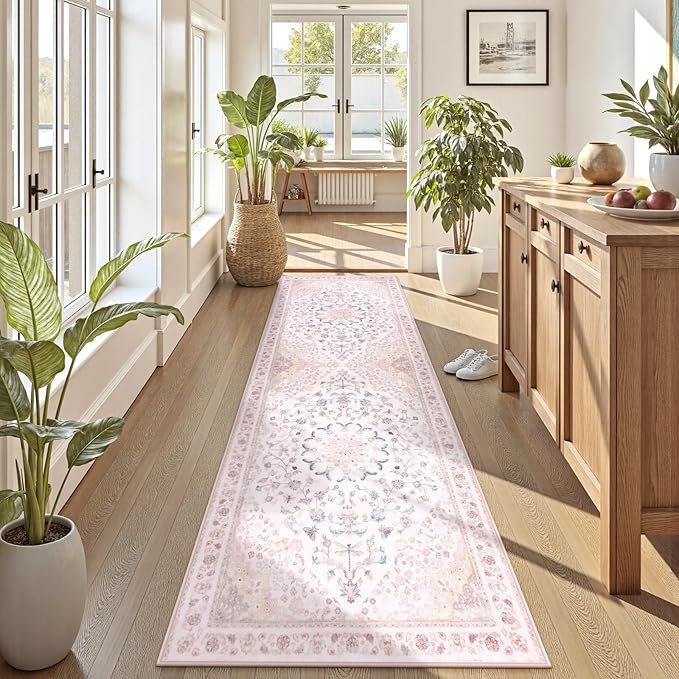 Moynesa Pink Runner Rugs for Long Hallway 2.5x8, Vintage Washable Floral Print - Image 8