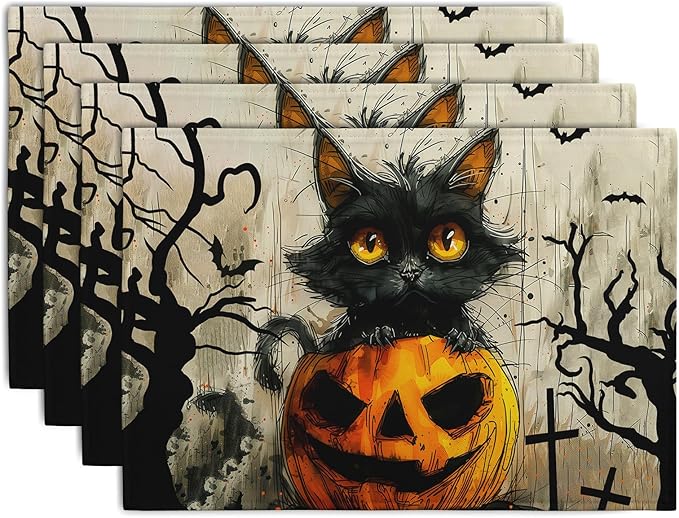 Halloween Black Cat Pumpkin 12x18 Placemats Set of 4 Happy Halloween Bat Branch by Wnoesat