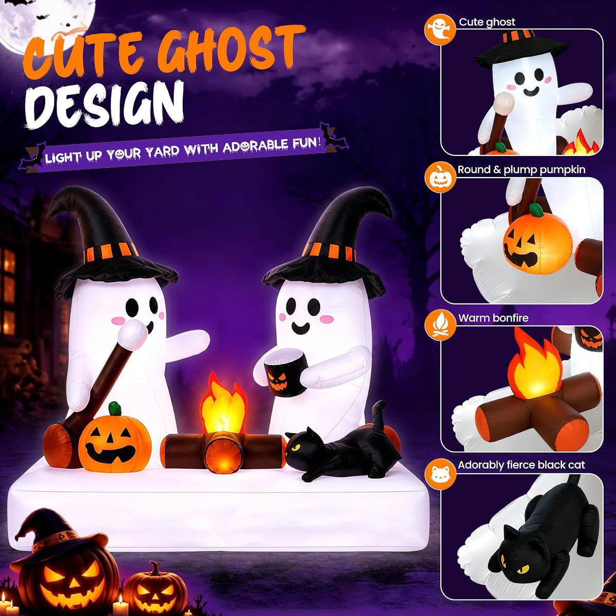 Halloween Inflatables Outdoor Decorations, 5.5FT Blow Up Yard Decorations Twin Ghosts with Campfire Pumpkin Black Cat, Built-in LED Lights, 7 Stakes 3 Hooks for Lawn Porch Party