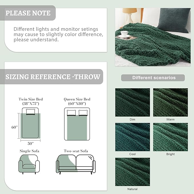 Battilo Dark Green Chunky Knit Throw Blanket, Soft and Thick Chirstmas Green - Image 8