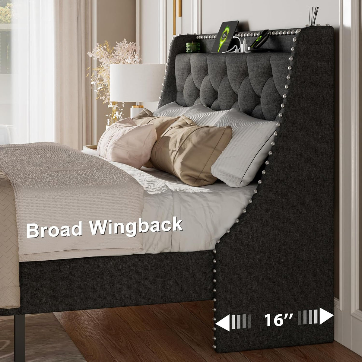 feonase full size bed frame with luxury wingback, side view
