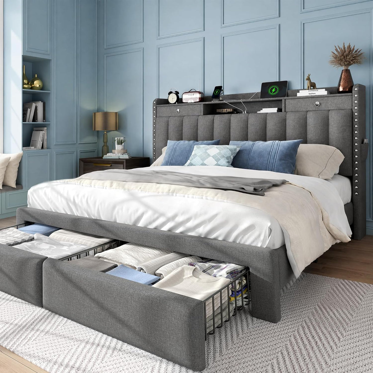 queen bed frame with 2-tier storage headboard and, main product view