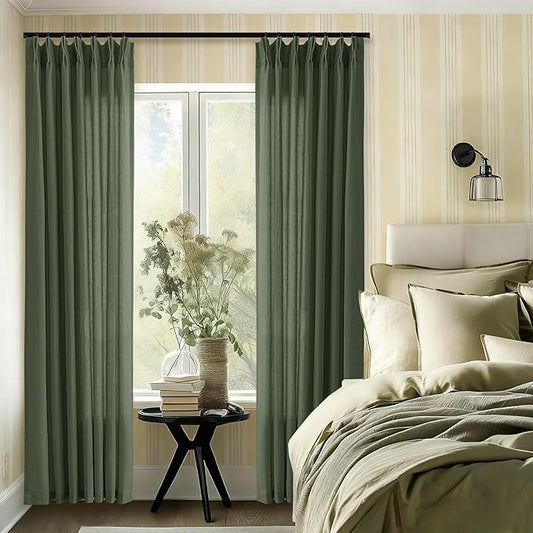 Olive Green Pinch Pleated Linen Curtains 108 Inches Long by DUKIYO