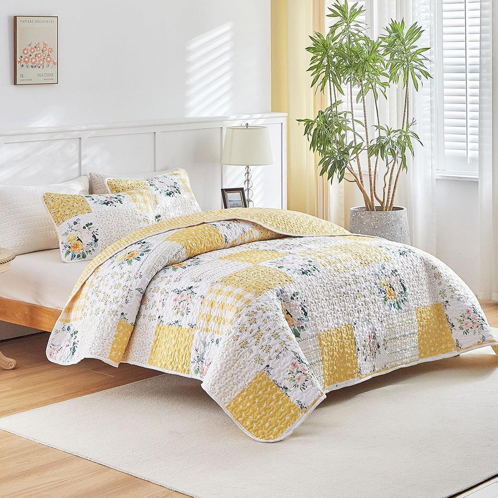Joyreap 3 Pieces Floral Patchwork Quilt Set King, Yellow n White Flowers Desi...