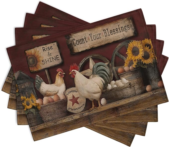 Farmhouse Rooster Placemats Set of 4 Farm Animal Chicken Place Mats 12x18 Inch - Image 2