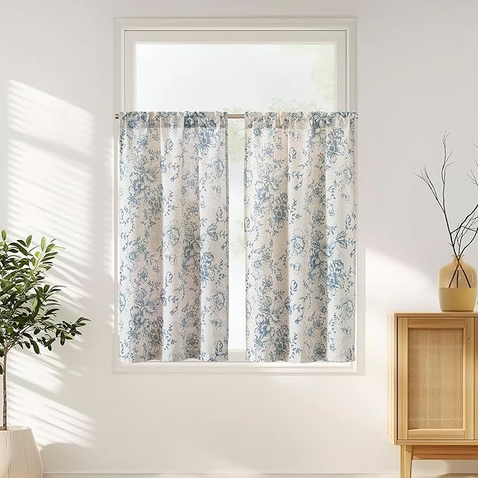 jinchan Floral Linen Tier Curtains 45 Inch Farmhouse Botanic Cafe Drapes by JINCHAN
