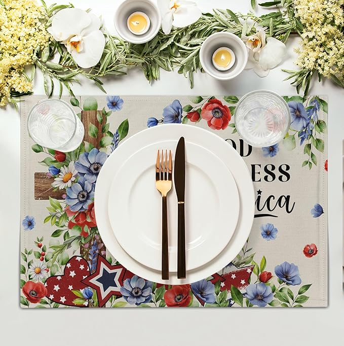 4th of July Placemats Set of 4 Patriotic Floral Cross Stars Independence - Image 3