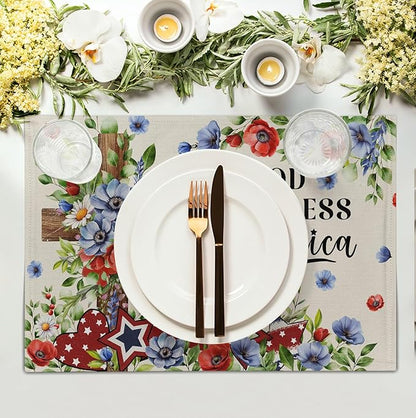 4th of July Placemats Set of 4 Patriotic Floral Cross Stars Independence - Image 3