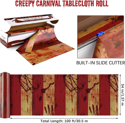 Kochorie 100 Ft x 54 Inch Creepy Carnival Tablecloth Roll with Cutter Box Plastic Table Cover Roll Halloween Bloody Circus Tent Backdrop for Halloween Party Circus Clown Room Wall Decorations