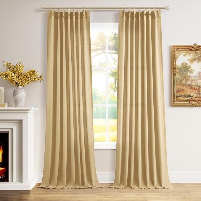 Gold Pinch Pleated Linen Curtains 90 Inch Length 2 Panels by Aersas