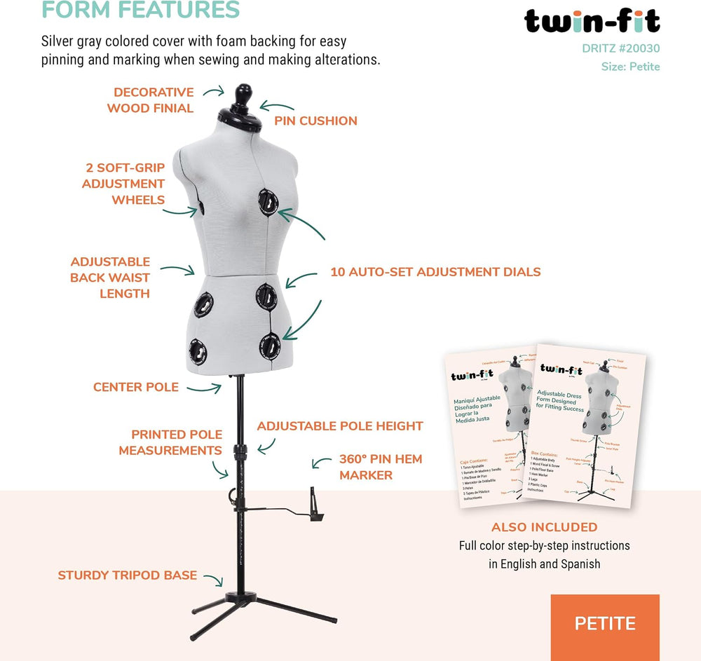 Dritz Twin-Fit Adjustable Dress Form for Sewing, Petite Sizes, US 00-4