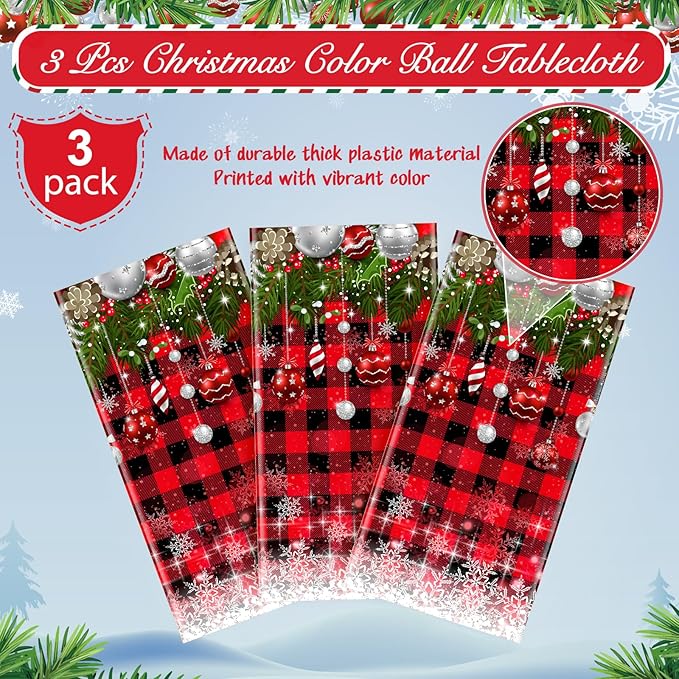 3Pcs Christmas Buffalo Plaid Snowflake Tablecloths, Plastic Red and Black - Image 3