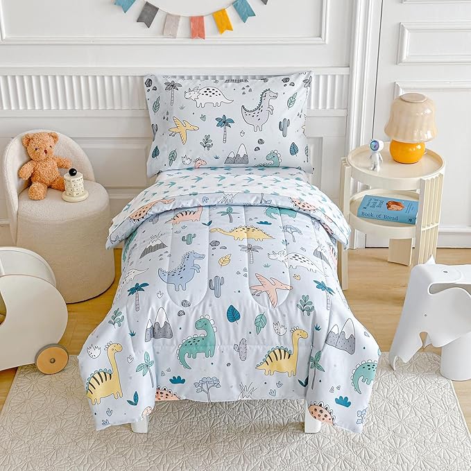 Joyreap 4 Piece Toddler Bedding Set, Cute Dinosaur on Light Blue, Ultra Soft by Joyreap