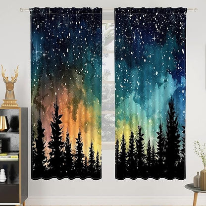 Renaiss 53 x 63 Inch Forest Starry Bedroom Curtains Light Filter Night Rustic by Renaiss