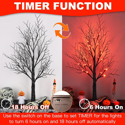 Halloween Decorations Indoor 2 Pack 24 Inch Black Halloween Tree with 48 Orange Red Led Lights, Timer/USB/Battery Operated Lighted Tabletop Spooky Tree for Halloween Table Decor Home Office Party
