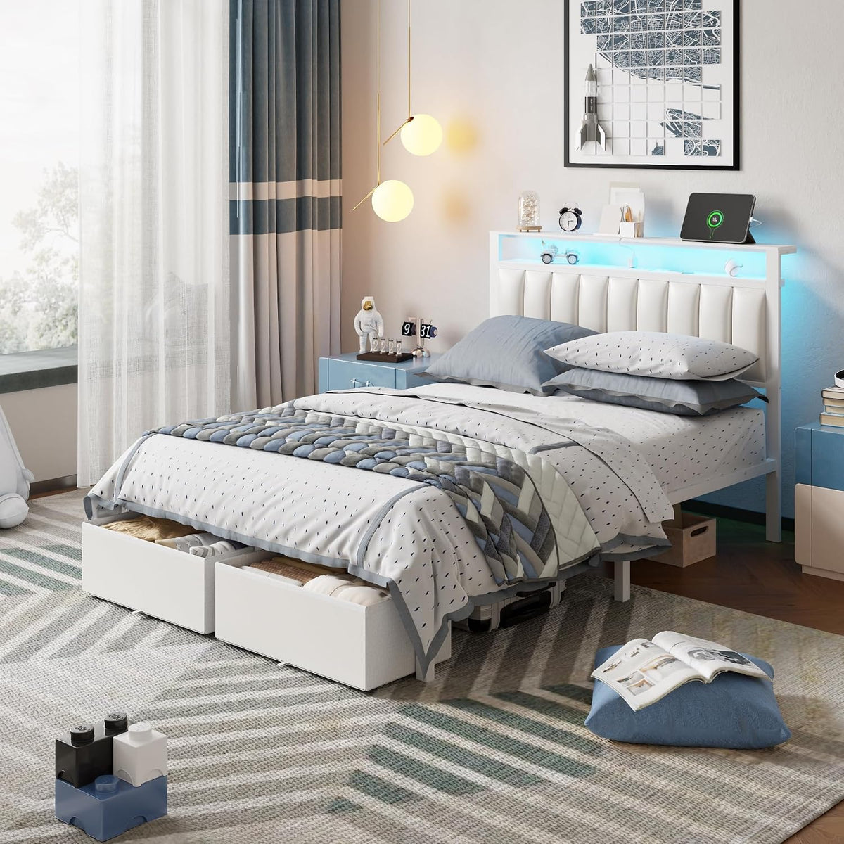 furnulem white full size bed frame with pu, view 9
