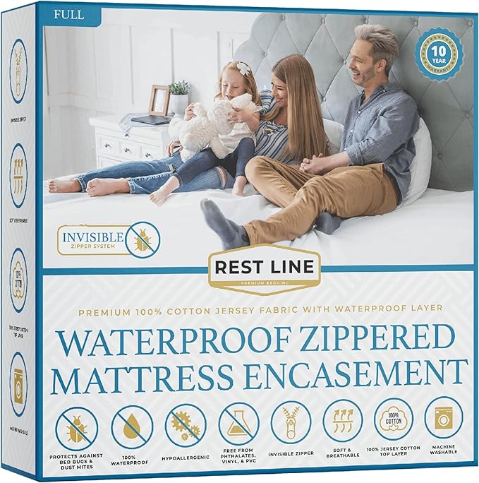 Full/Double 54x75” Premium Waterproof Zippered Mattress Encasement, 100% Cotton by RestLine