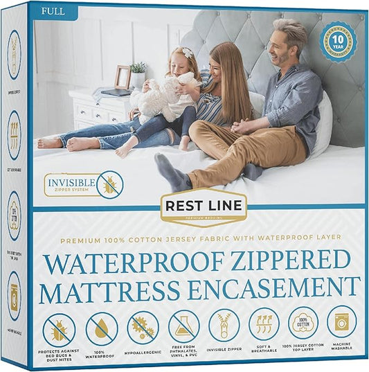 Full/Double 54x75” Premium Waterproof Zippered Mattress Encasement, 100% Cotton by RestLine