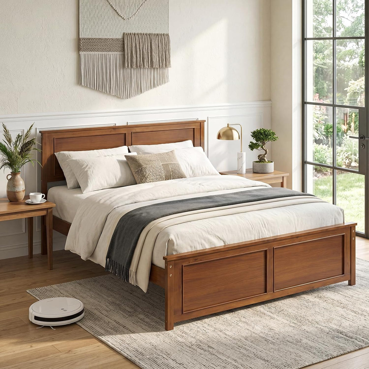komfott queen size bed frame, farmhouse wooden platform, close-up detail
