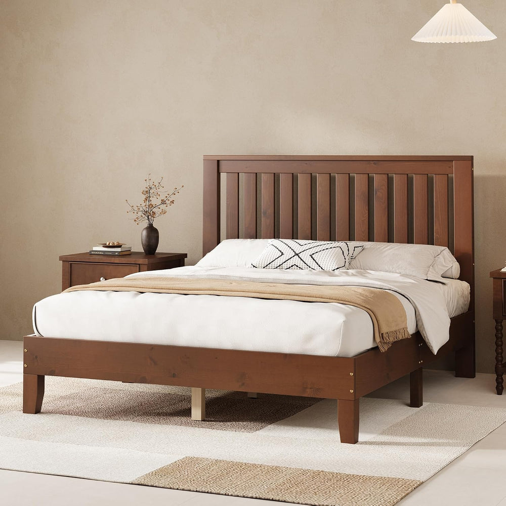 AMERLIFE Solid Wood Queen Size Bed Frame with 45.9" Headboard, Walnut