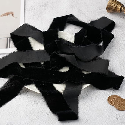 Black Velvet Ribbon 1.5 Inch Black Frayed Silk Velvet Ribbon Rustic Christmas - Image 6