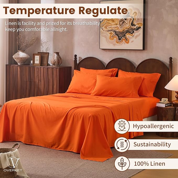 100% Linen Sheets California King Size, Breathable & Durable 4-Piece Bed Flax - Image 5