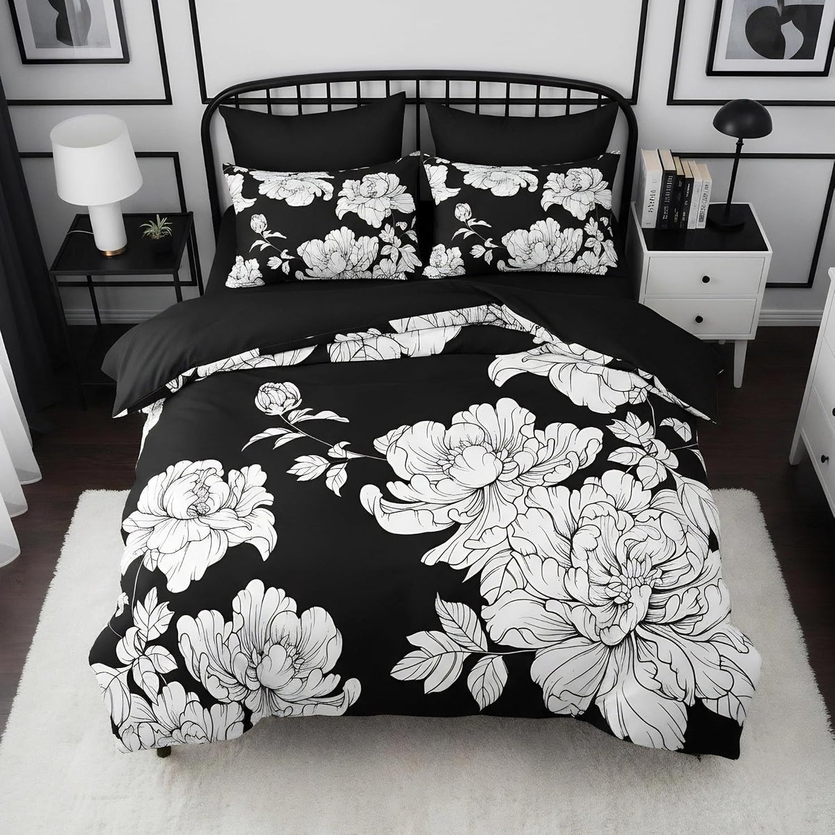 ccoutuechen black white floral comforter set queen size, main product view